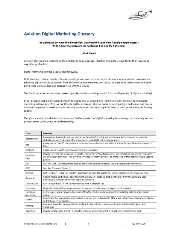 Aviation Digital Marketing Glossary